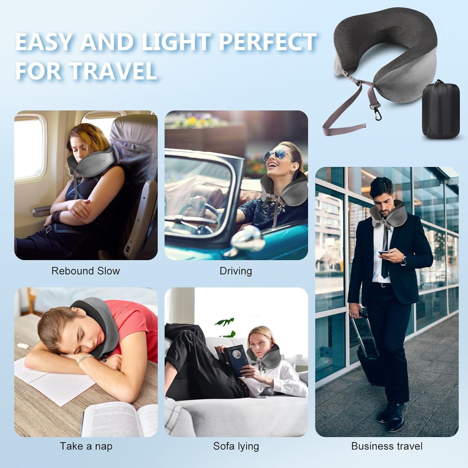 Blendura Almohada de Viaje, Almohada Cervical de Espuma Viscoelástica, Almohada de avión con Bolsa de Transporte Incluida, Adecuada para cojín de Cuello para avión, Coche, Oficina, Gris - Imagen 7
