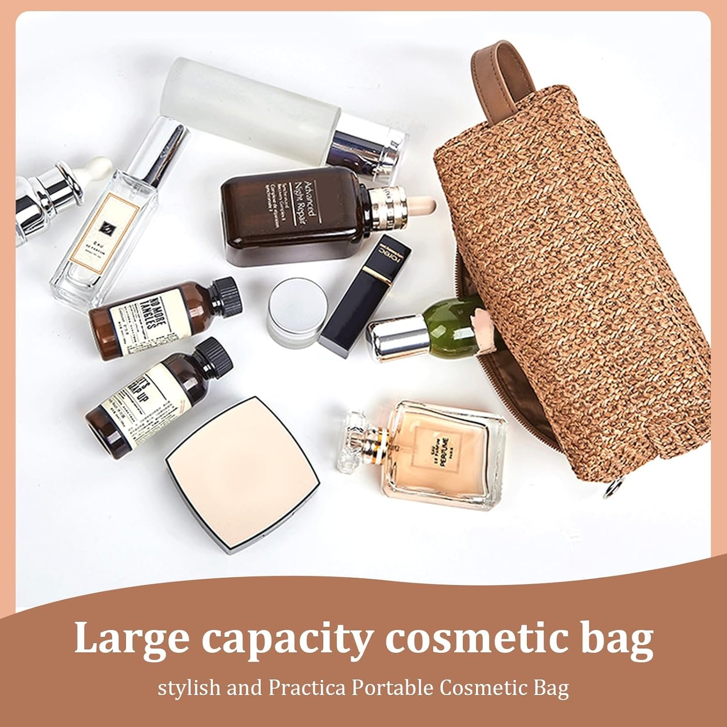 Bolsa de Cosméticos de Viaje de Gran Capacidad, Bolso Portátil del Lavado del Viaje con Cremallera, Bolsa de Maquillaje Bolsa de Cosméticos de Paja para Artículos de Aseo de Las Mujeres (Marrón) - Imagen 3
