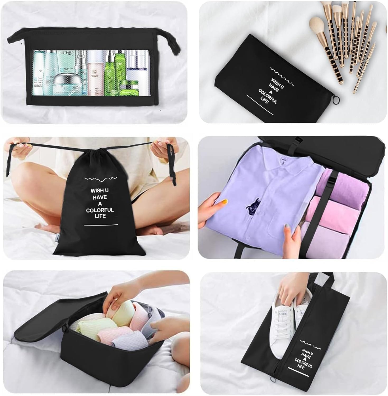 Jsdoin Cubos de embalaje para maleta 9 PCS organizadores de equipaje de viaje para mochila, bolsa de artículos esenciales de viaje impermeable, accesorios de viaje (Negro) - Imagen 7