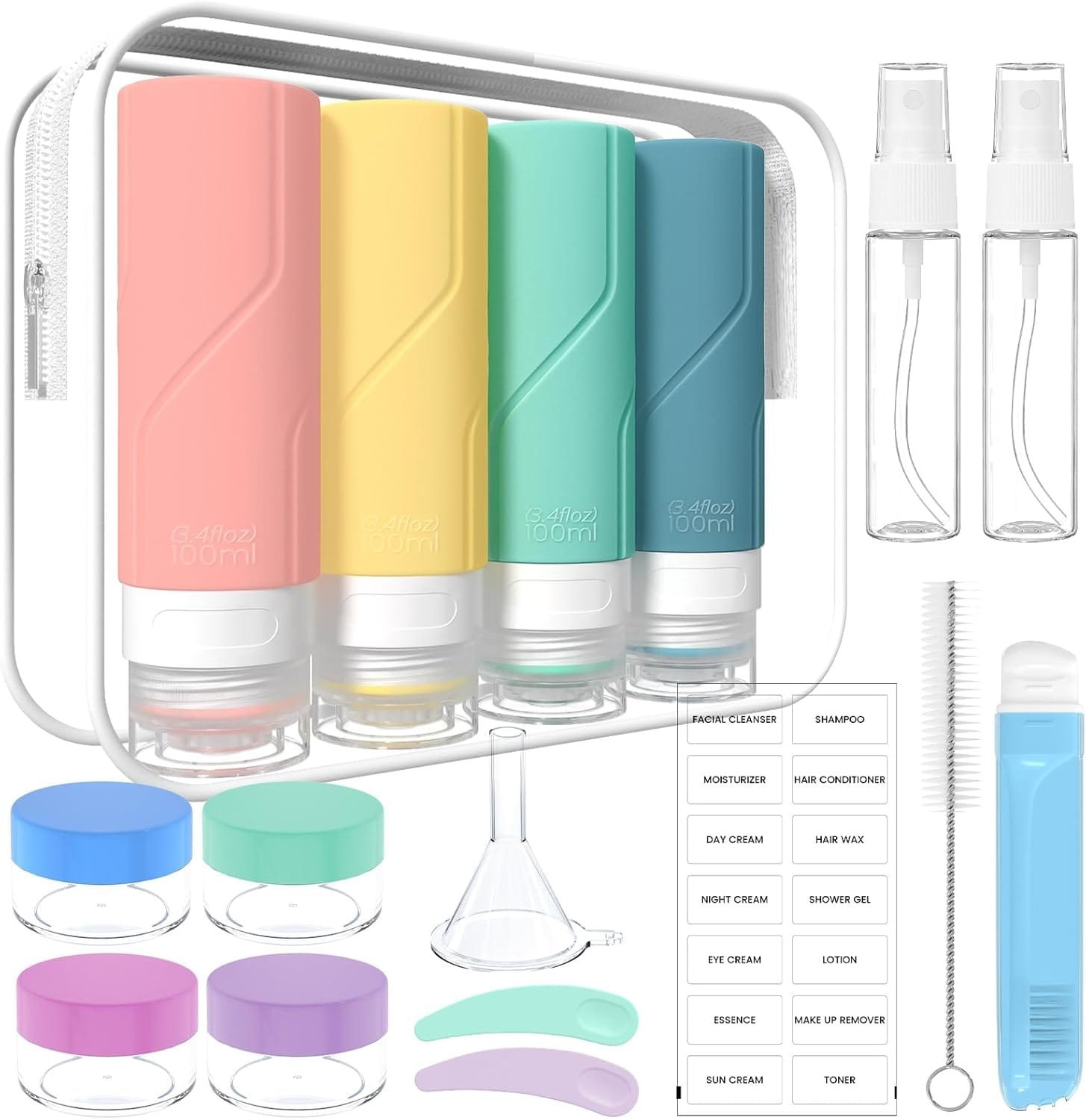 100mlX4 Botellas de Viaje Silicona - Botes Rellenables Viaje, 17 Pack Juego de Botellas Viaje para Champús Lociones y Artículos de Tocador, a Prueba de Fugas, FDA Certificado Sin BPA