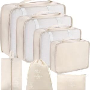 7 Piezas Organizadores para Maletas, Organizador de Equipaje Multifunción, Packing Cubes Bolsas Ropa Viaje, Organizadoras Viaje, Impermeable, para Cosméticos, Ropa Interior, Bolsa Zapatos(Beige)