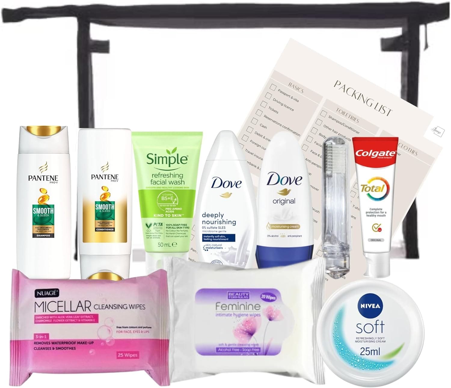 Juego de artículos de tocador de viaje para mujer, kit de aseo esencial de tamaño de viaje para viajes, hospitales, estancias nocturnas, Clear, Bolsa de aseo de viaje