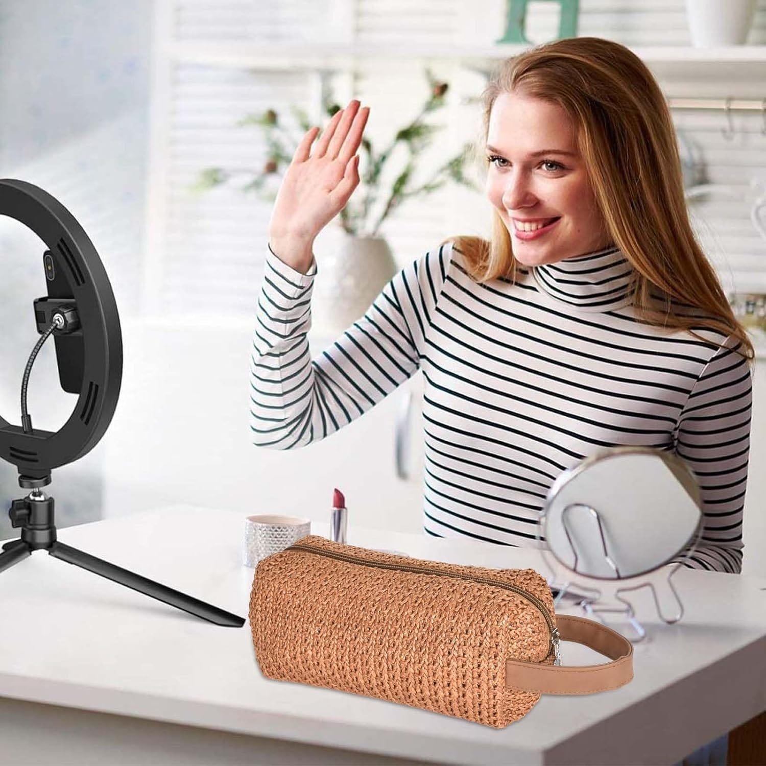 Bolsa de Cosméticos de Viaje de Gran Capacidad, Bolso Portátil del Lavado del Viaje con Cremallera, Bolsa de Maquillaje Bolsa de Cosméticos de Paja para Artículos de Aseo de Las Mujeres (Marrón) - Imagen 4