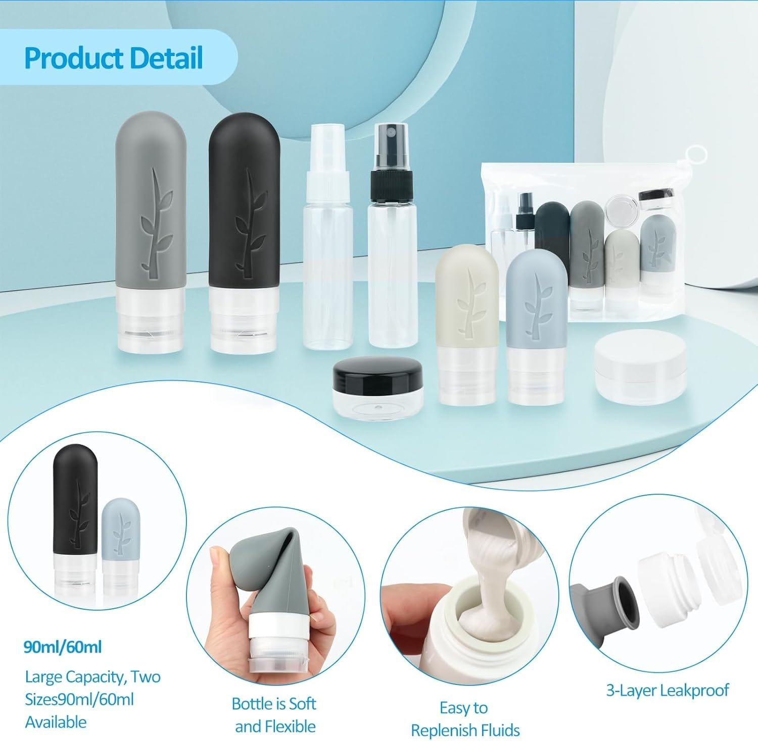 NVIYAM 8 Pack Juego de Botellas de Viaje Silicona Botes Viaje Rellenables kit Viaje Avion Botes Rellenables Viaje Juego de Botes Viaje Rellenables Silicona a Prueba de Fugas Botellas para Cosméticos - Imagen 3