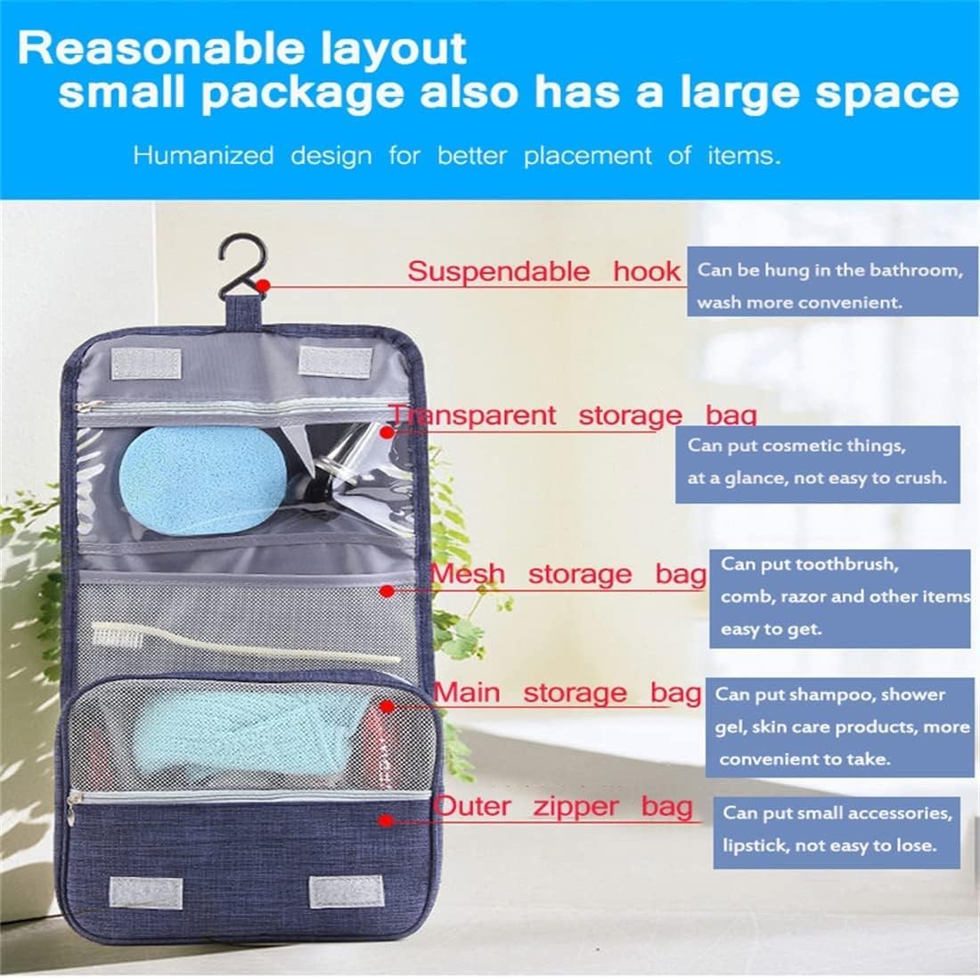 Neceser de viaje,Bolsa de aseo de viaje suspendida,Multi-compartimentos para organizar artículos personales,Gancho de metal para colgar, Azul marino - Imagen 4