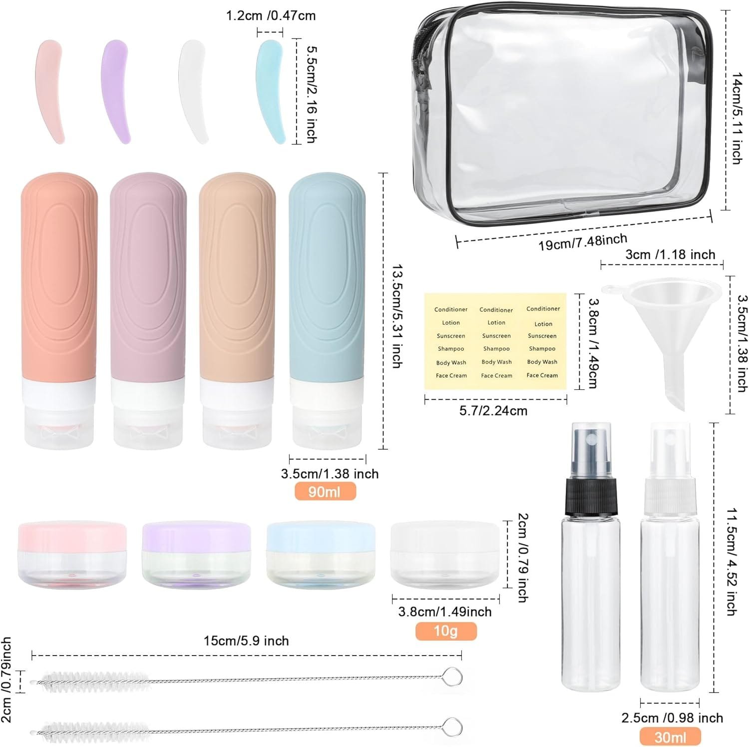 AiQInu Juego De Botellas De Viaje, 19 Pack Botellas De Viaje Silicona 90ml, Botes Rellenables Viaje A Prueba De Fugas Para Gel, ChampúS, Lociones Y ArtíCulos De Tocador, Sin BPA - Imagen 7