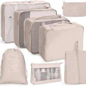 OSDUE Organizadores para Maletas, 8 Set de Organizador de Equipaje, Impermeable Organizador de Maleta, para de Viaje, Zapatos, Cubos de Embalaje Ropa, Cosméticos, Ropa Interior, Beige