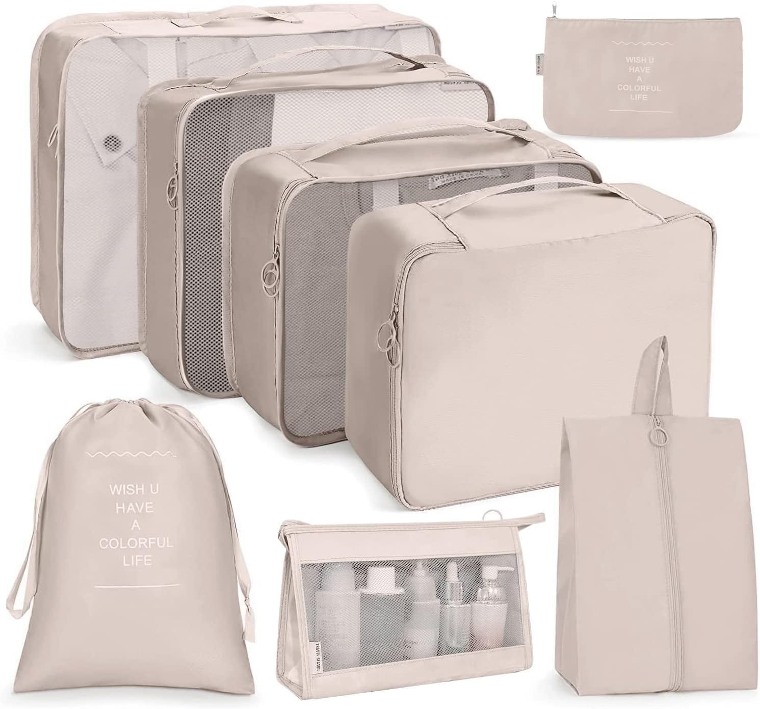 OSDUE Organizadores para Maletas, 8 Set de Organizador de Equipaje, Impermeable Organizador de Maleta, para de Viaje, Zapatos, Cubos de Embalaje Ropa, Cosméticos, Ropa Interior, Beige