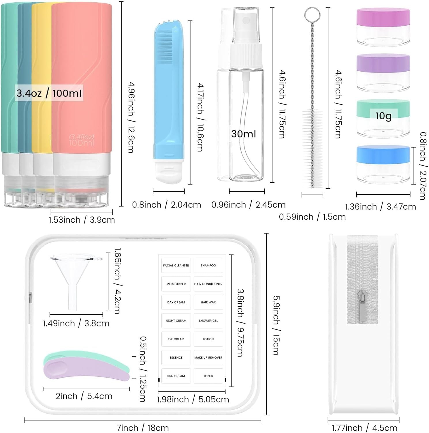 100mlX4 Botellas de Viaje Silicona - Botes Rellenables Viaje, 17 Pack Juego de Botellas Viaje para Champús Lociones y Artículos de Tocador, a Prueba de Fugas, FDA Certificado Sin BPA - Imagen 2