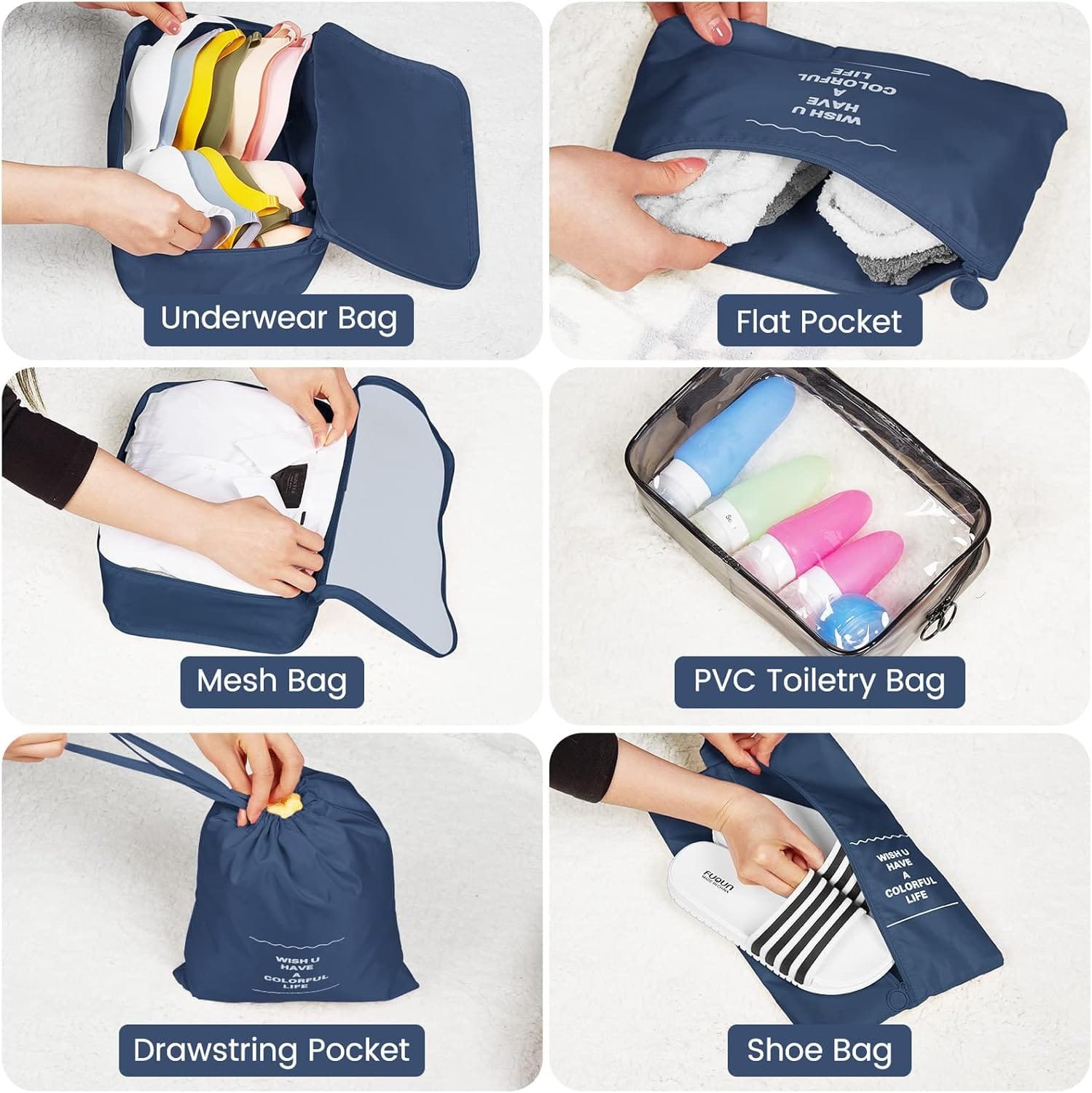 Sarsumir Organizador Maleta, 8 Piezas Organizador de Equipaje Packing Cubes Bolsas Organizadoras Viaje con Zapatos Impermeables Almacenamiento Artículos Tocador Bolsas Ropa, Azul Marino - Imagen 3