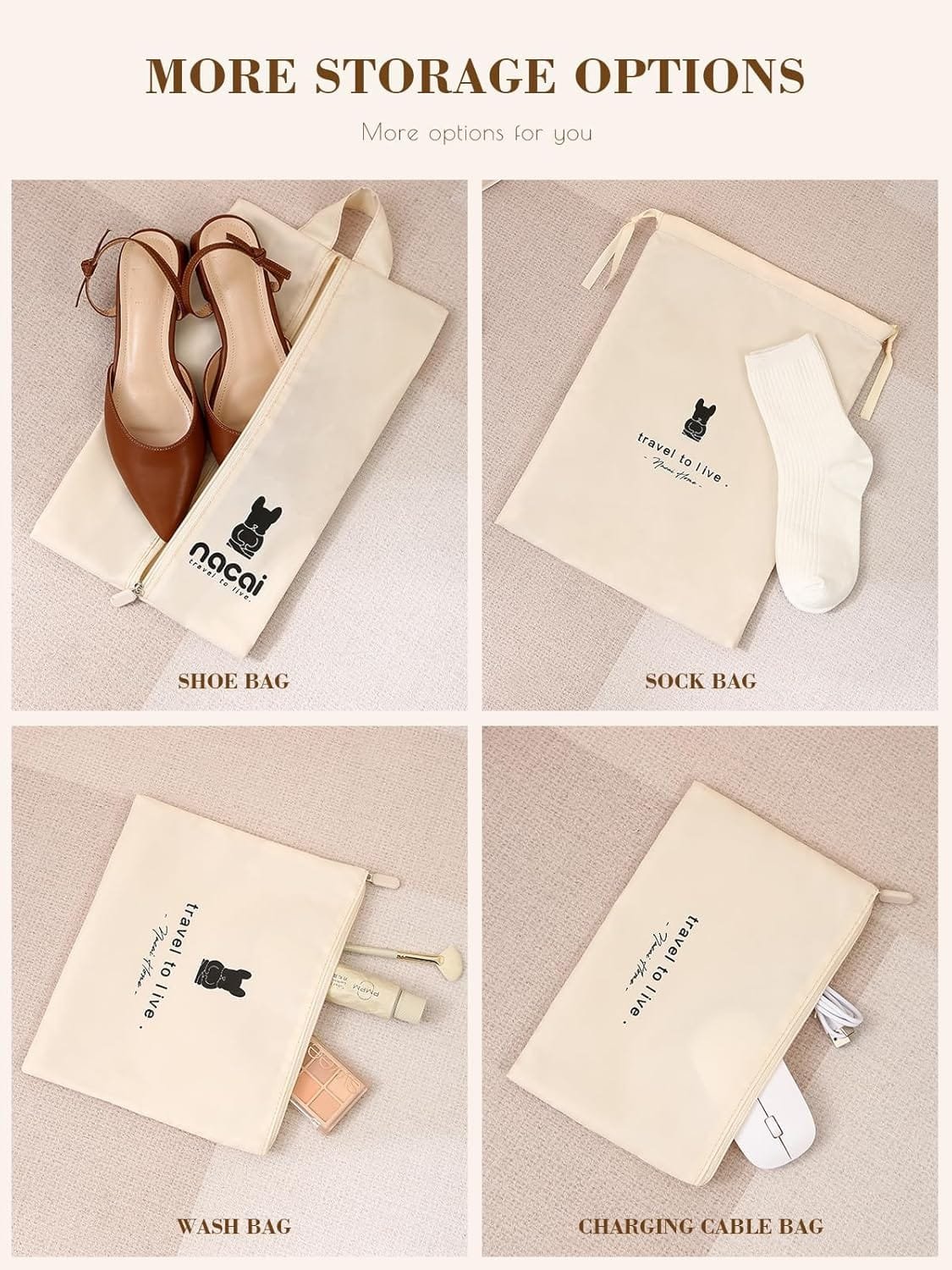 Lammcou Organizador Maleta, 8 en 1 Bolsas de equipaje De Viaje,Packing Cubes con bolsa para cosméticos, bolsa para zapatos, sistema de organización de artículos de viaje para vacaciones y viajes White - Imagen 11