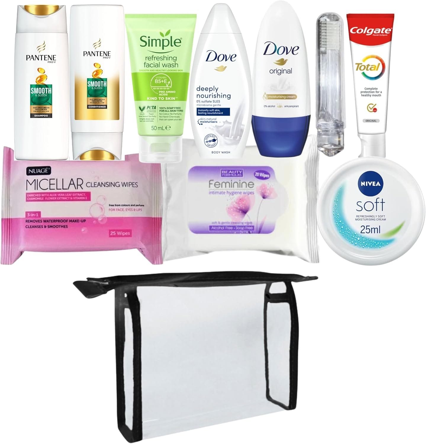 Juego de artículos de tocador de viaje para mujer, kit de aseo esencial de tamaño de viaje para viajes, hospitales, estancias nocturnas, Clear, Bolsa de aseo de viaje - Imagen 4