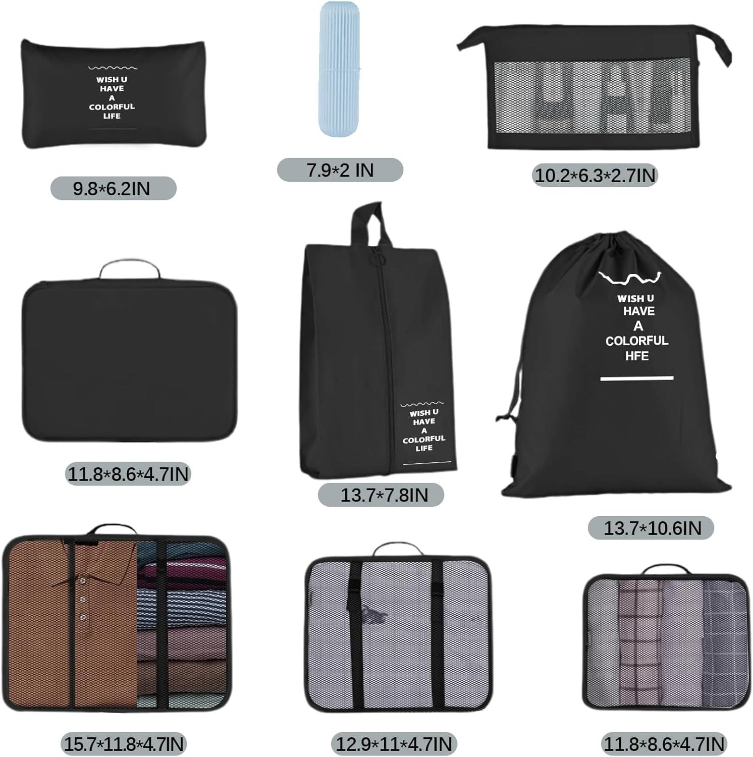 Jsdoin Cubos de embalaje para maleta 9 PCS organizadores de equipaje de viaje para mochila, bolsa de artículos esenciales de viaje impermeable, accesorios de viaje (Negro) - Imagen 4