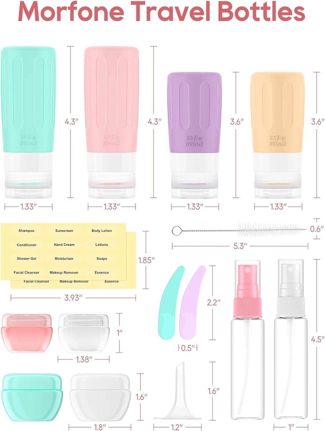 Morfone Botellas de Viaje de Silicona,Botella de Viaje 16 Piezas Aprobado por la TSA Botes Viaje Rellenado Juego a Prueba de Fugas para Champús, Loción y Artículos de Tocador, FDA Certified BPA Free - Imagen 7