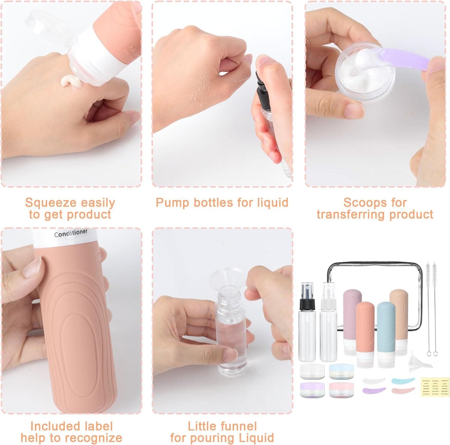 AiQInu Juego De Botellas De Viaje, 19 Pack Botellas De Viaje Silicona 90ml, Botes Rellenables Viaje A Prueba De Fugas Para Gel, ChampúS, Lociones Y ArtíCulos De Tocador, Sin BPA - Imagen 5