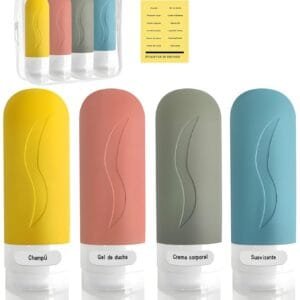 Emilianna Ros 4 Botes de viaje rellenables de Silicona de 90 ml + Neceser transparente + Identificador de envases | Artículos esenciales para viajar | Botes para gel y champú (Multicolor)
