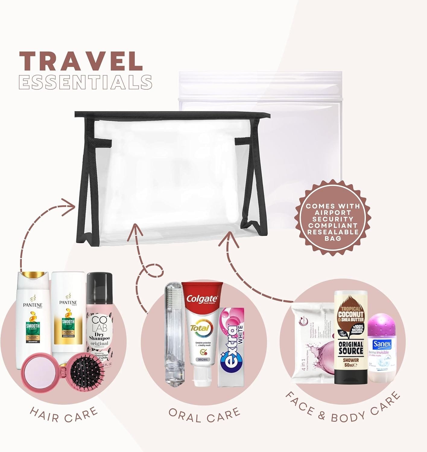 Minijuego de artículos de tocador esenciales para mujer, tamaño de viaje, para vacaciones, hospital, maternidad, bolsa de viaje transparente, aprobado por seguridad aeroportuaria, Black - Imagen 2