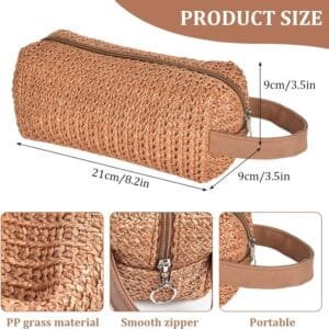 Bolsa de Cosméticos de Viaje de Gran Capacidad, Bolso Portátil del Lavado del Viaje con Cremallera, Bolsa de Maquillaje Bolsa de Cosméticos de Paja para Artículos de Aseo de Las Mujeres (Marrón)