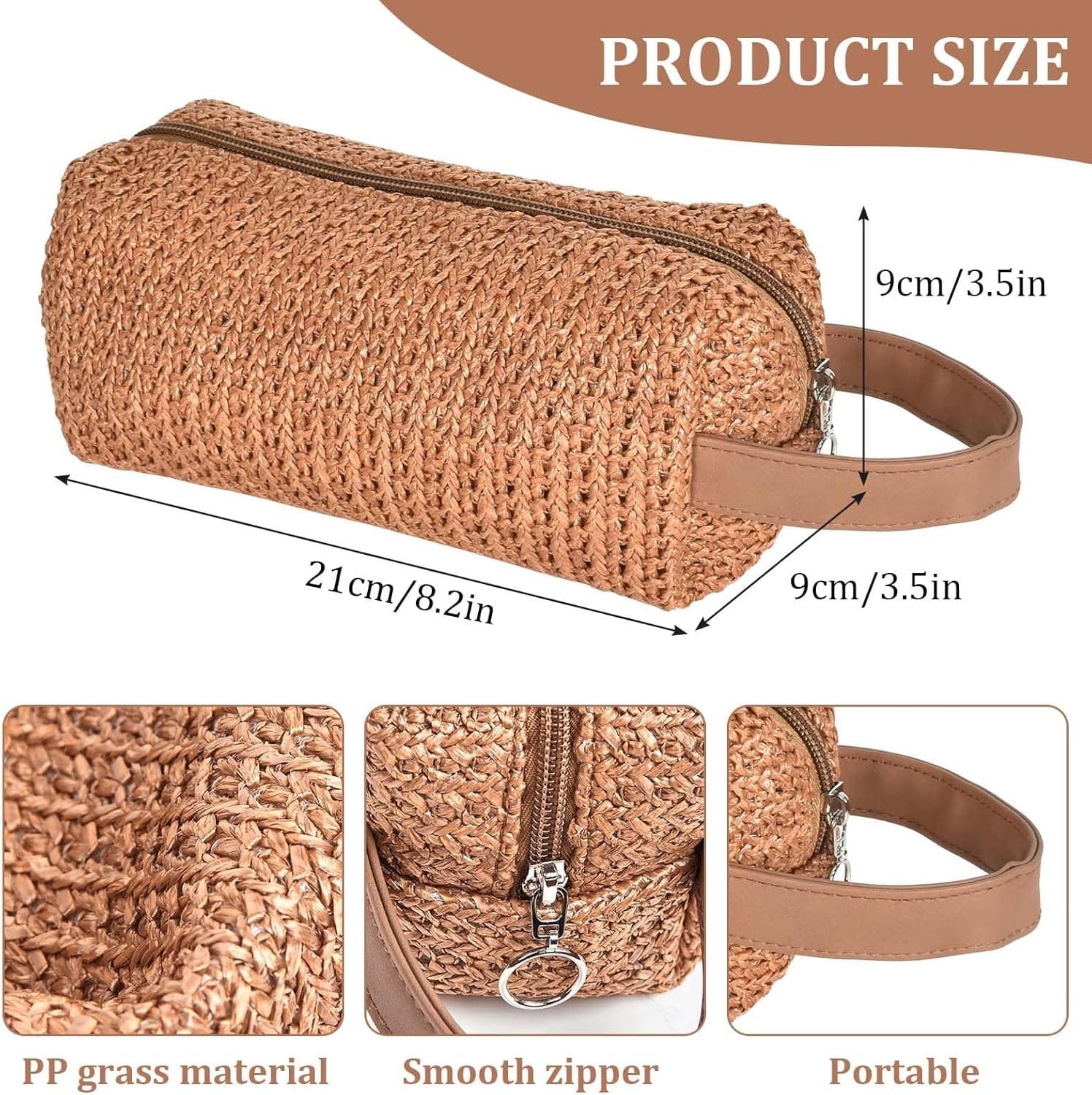 Bolsa de Cosméticos de Viaje de Gran Capacidad, Bolso Portátil del Lavado del Viaje con Cremallera, Bolsa de Maquillaje Bolsa de Cosméticos de Paja para Artículos de Aseo de Las Mujeres (Marrón)