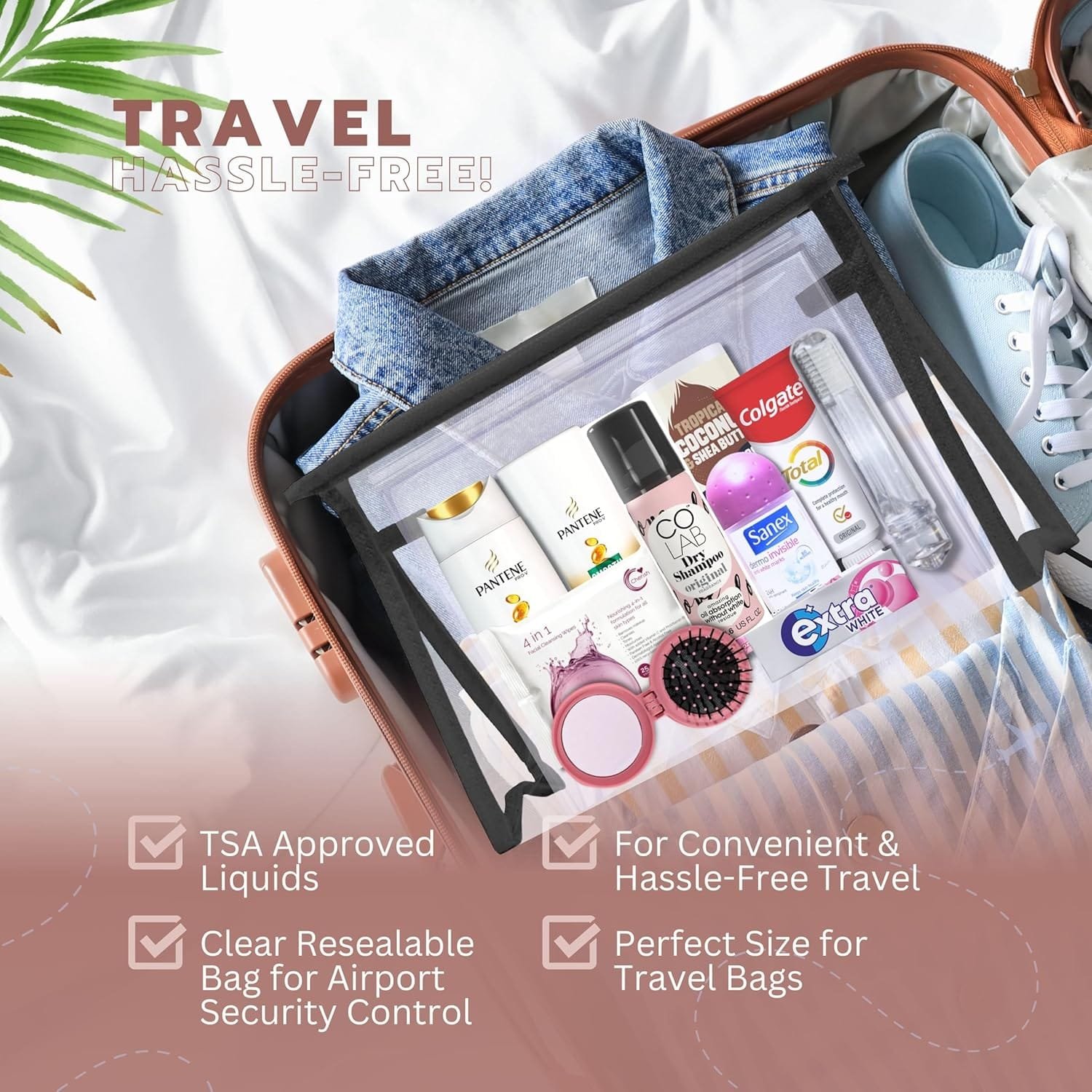 Minijuego de artículos de tocador esenciales para mujer, tamaño de viaje, para vacaciones, hospital, maternidad, bolsa de viaje transparente, aprobado por seguridad aeroportuaria, Black - Imagen 8