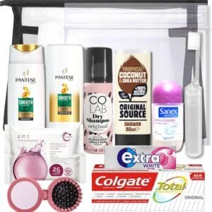 Minijuego de artículos de tocador esenciales para mujer, tamaño de viaje, para vacaciones, hospital, maternidad, bolsa de viaje transparente, aprobado por seguridad aeroportuaria, Black