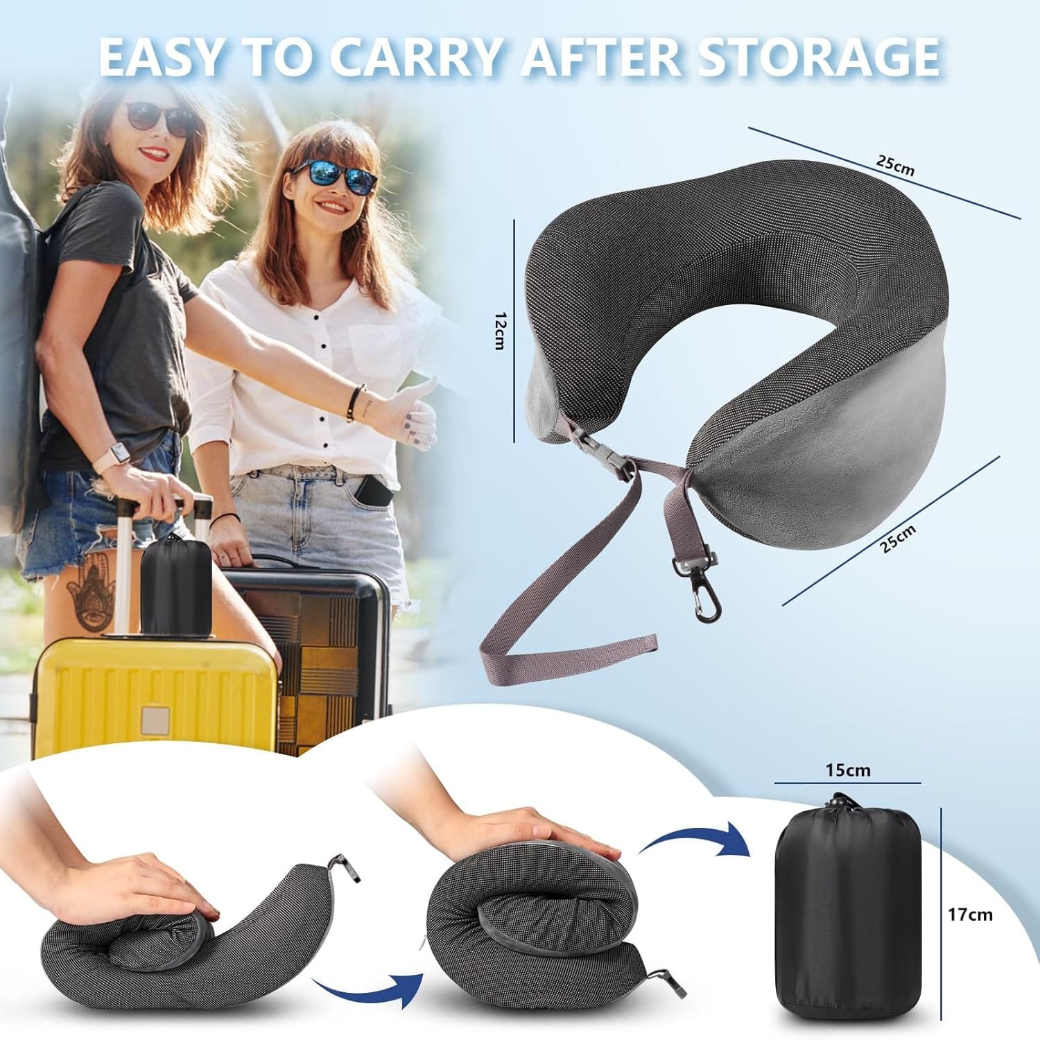 Blendura Almohada de Viaje, Almohada Cervical de Espuma Viscoelástica, Almohada de avión con Bolsa de Transporte Incluida, Adecuada para cojín de Cuello para avión, Coche, Oficina, Gris - Imagen 4