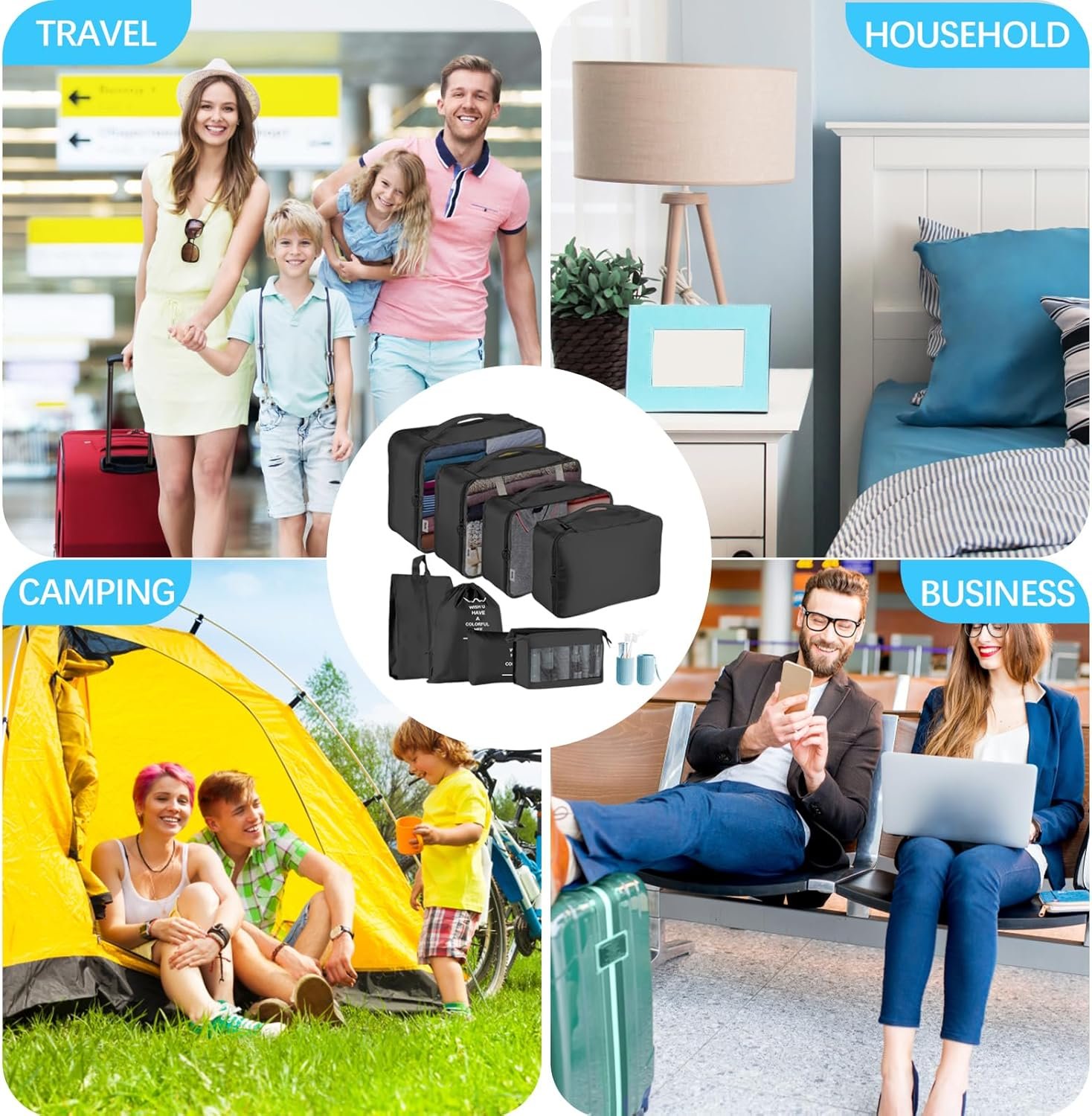 Jsdoin Cubos de embalaje para maleta 9 PCS organizadores de equipaje de viaje para mochila, bolsa de artículos esenciales de viaje impermeable, accesorios de viaje (Negro) - Imagen 2