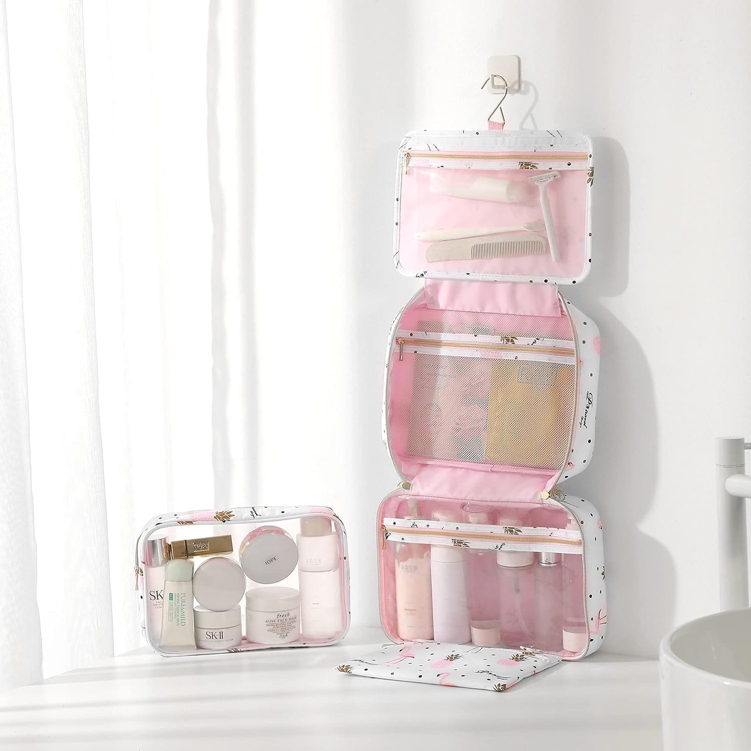 Dizdvizd Bolsas de Aseo para Mujeres, Grande Neceser de Viaje con Colgar Gancho, Impermeable Organizador de Cosméticos - Flamencos - Imagen 5