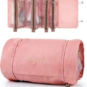 Czemo 4 en 1 Neceser Viaje Colgante,Desmontables Enrollables Bolsa Impermeable con 4 Compartimentos Visibles con Cremallera Poner Cosméticos,Artículos Tocador,Mujer Viaje Cosas Necesarias（Rosado）