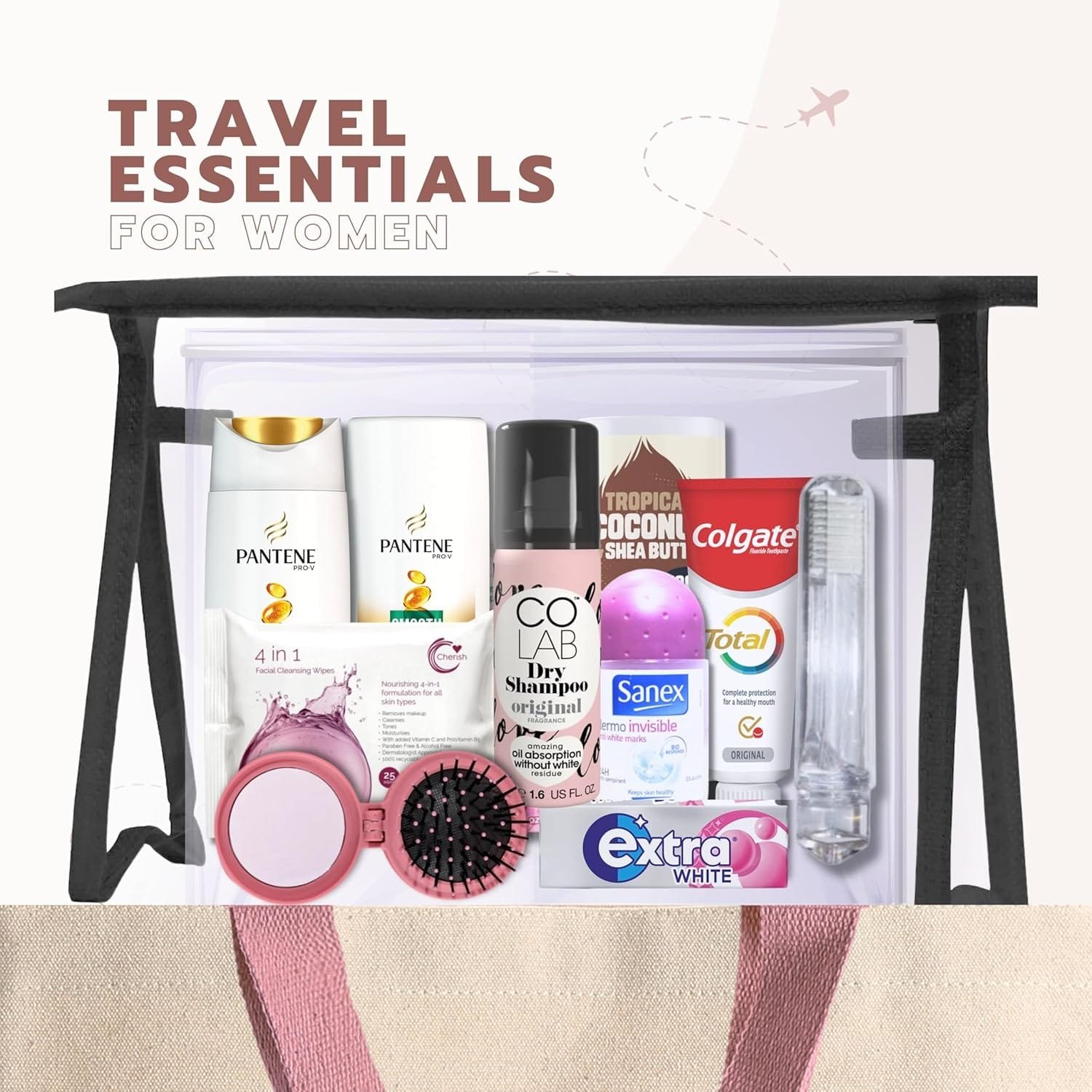 Minijuego de artículos de tocador esenciales para mujer, tamaño de viaje, para vacaciones, hospital, maternidad, bolsa de viaje transparente, aprobado por seguridad aeroportuaria, Black - Imagen 9