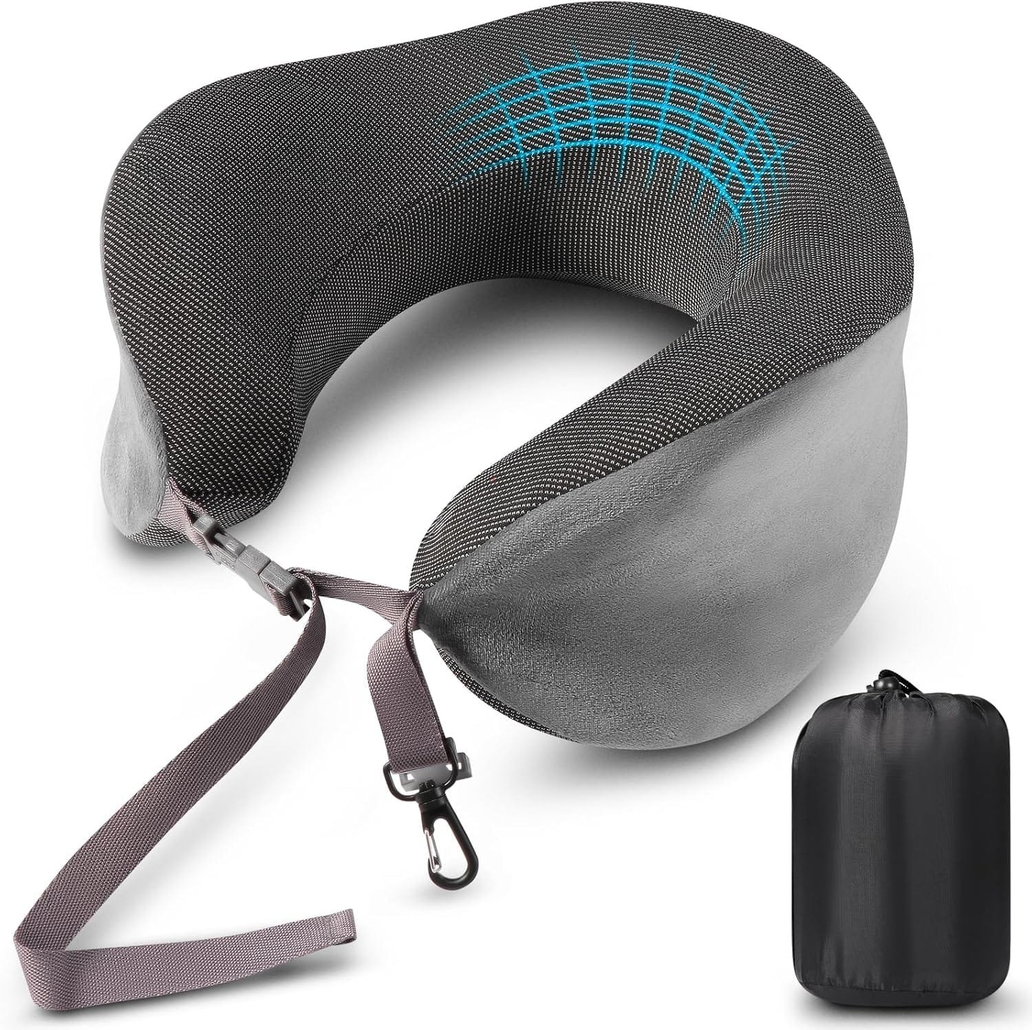 Blendura Almohada de Viaje, Almohada Cervical de Espuma Viscoelástica, Almohada de avión con Bolsa de Transporte Incluida, Adecuada para cojín de Cuello para avión, Coche, Oficina, Gris