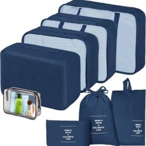 Sarsumir Organizador Maleta, 8 Piezas Organizador de Equipaje Packing Cubes Bolsas Organizadoras Viaje con Zapatos Impermeables Almacenamiento Artículos Tocador Bolsas Ropa, Azul Marino