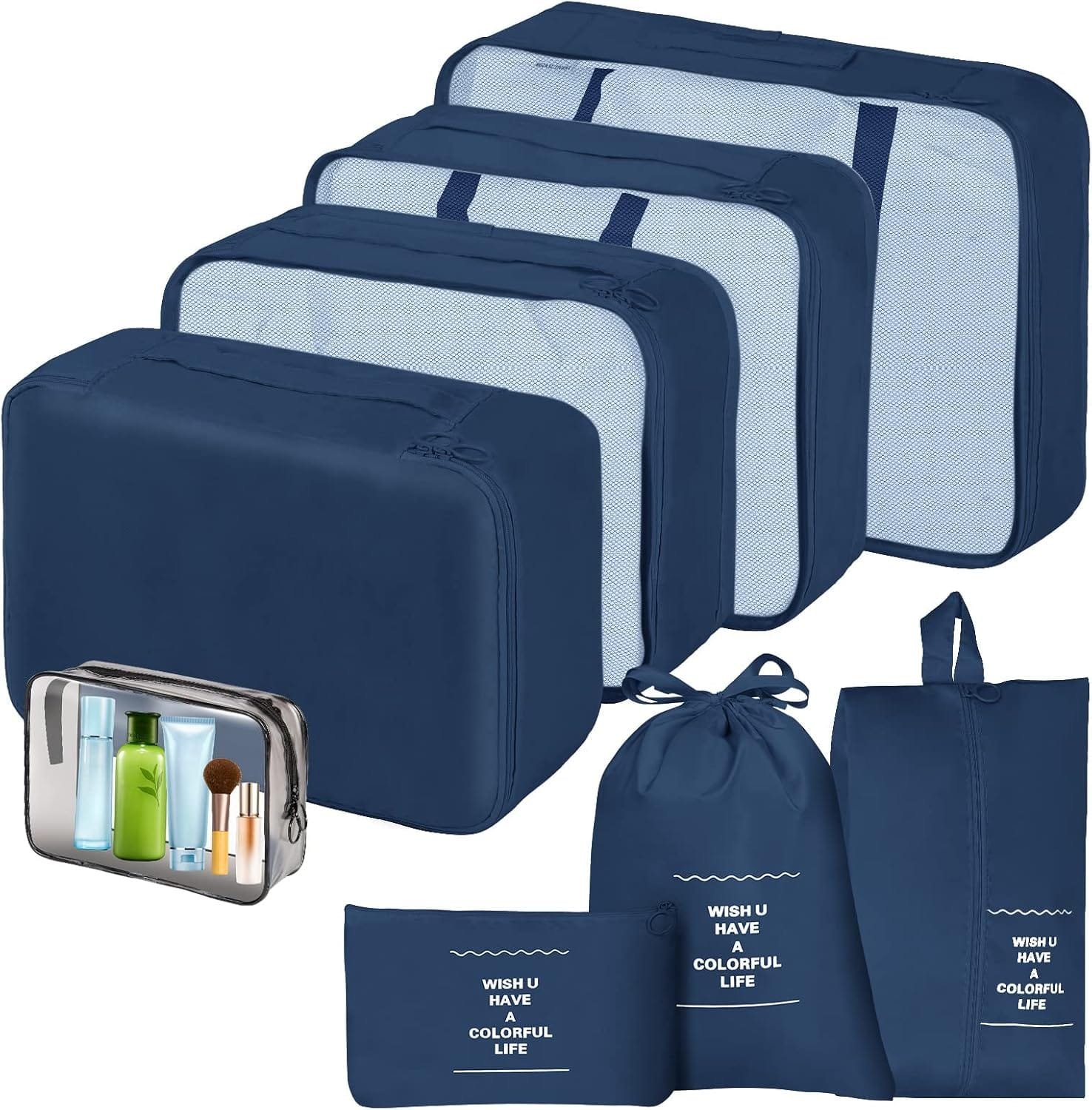 Sarsumir Organizador Maleta, 8 Piezas Organizador de Equipaje Packing Cubes Bolsas Organizadoras Viaje con Zapatos Impermeables Almacenamiento Artículos Tocador Bolsas Ropa, Azul Marino