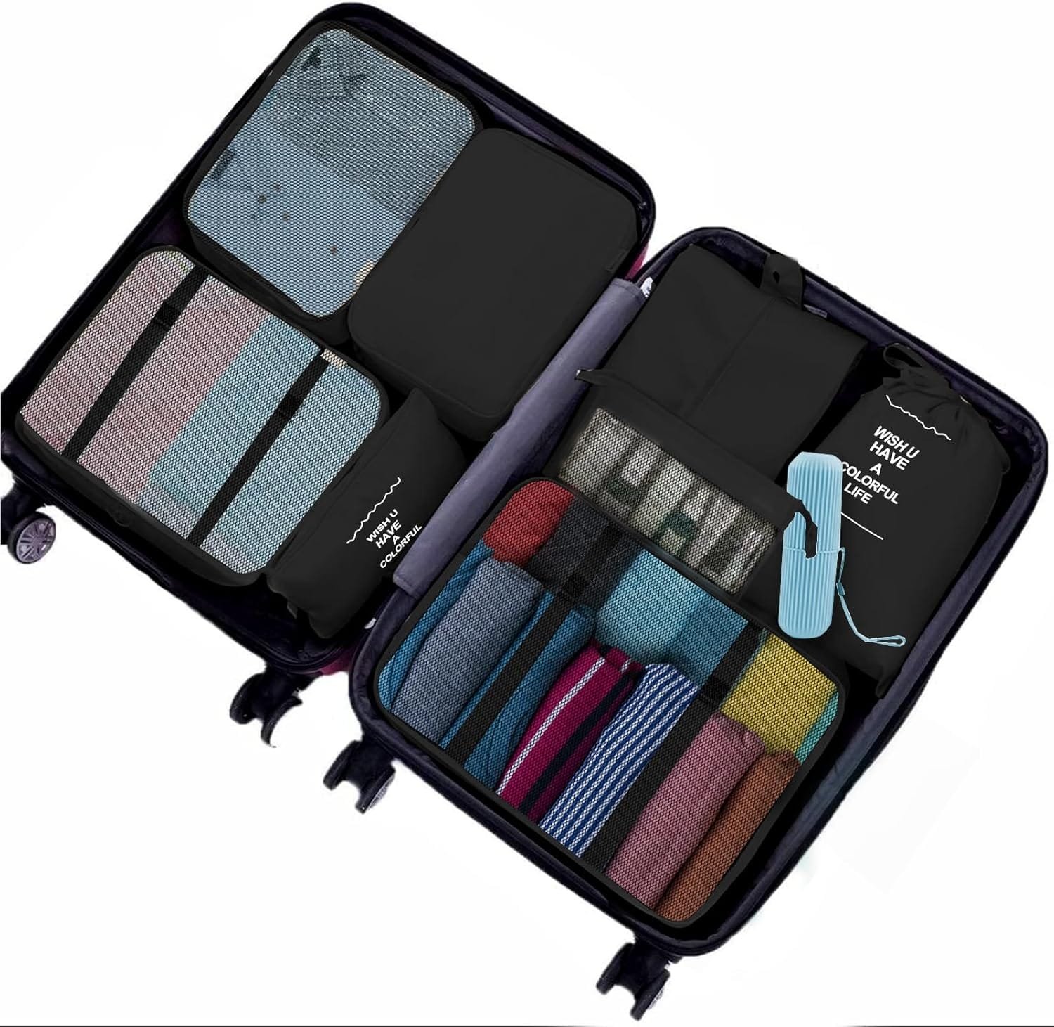 Jsdoin Cubos de embalaje para maleta 9 PCS organizadores de equipaje de viaje para mochila, bolsa de artículos esenciales de viaje impermeable, accesorios de viaje (Negro) - Imagen 3