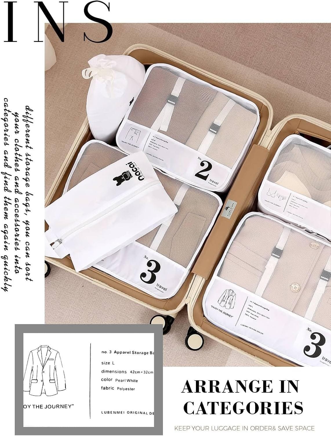 Lammcou Organizador Maleta, 8 en 1 Bolsas de equipaje De Viaje,Packing Cubes con bolsa para cosméticos, bolsa para zapatos, sistema de organización de artículos de viaje para vacaciones y viajes White - Imagen 3