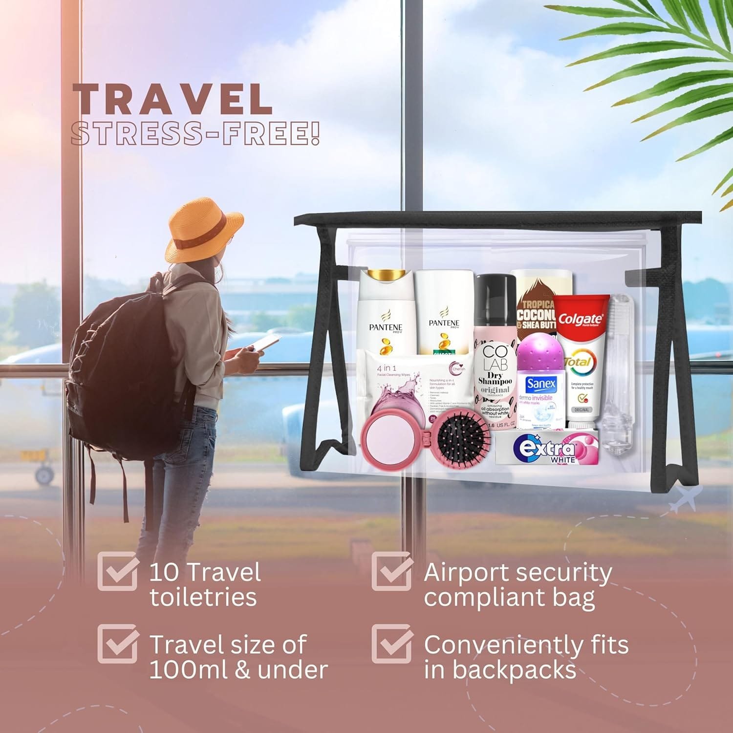 Minijuego de artículos de tocador esenciales para mujer, tamaño de viaje, para vacaciones, hospital, maternidad, bolsa de viaje transparente, aprobado por seguridad aeroportuaria, Black - Imagen 7