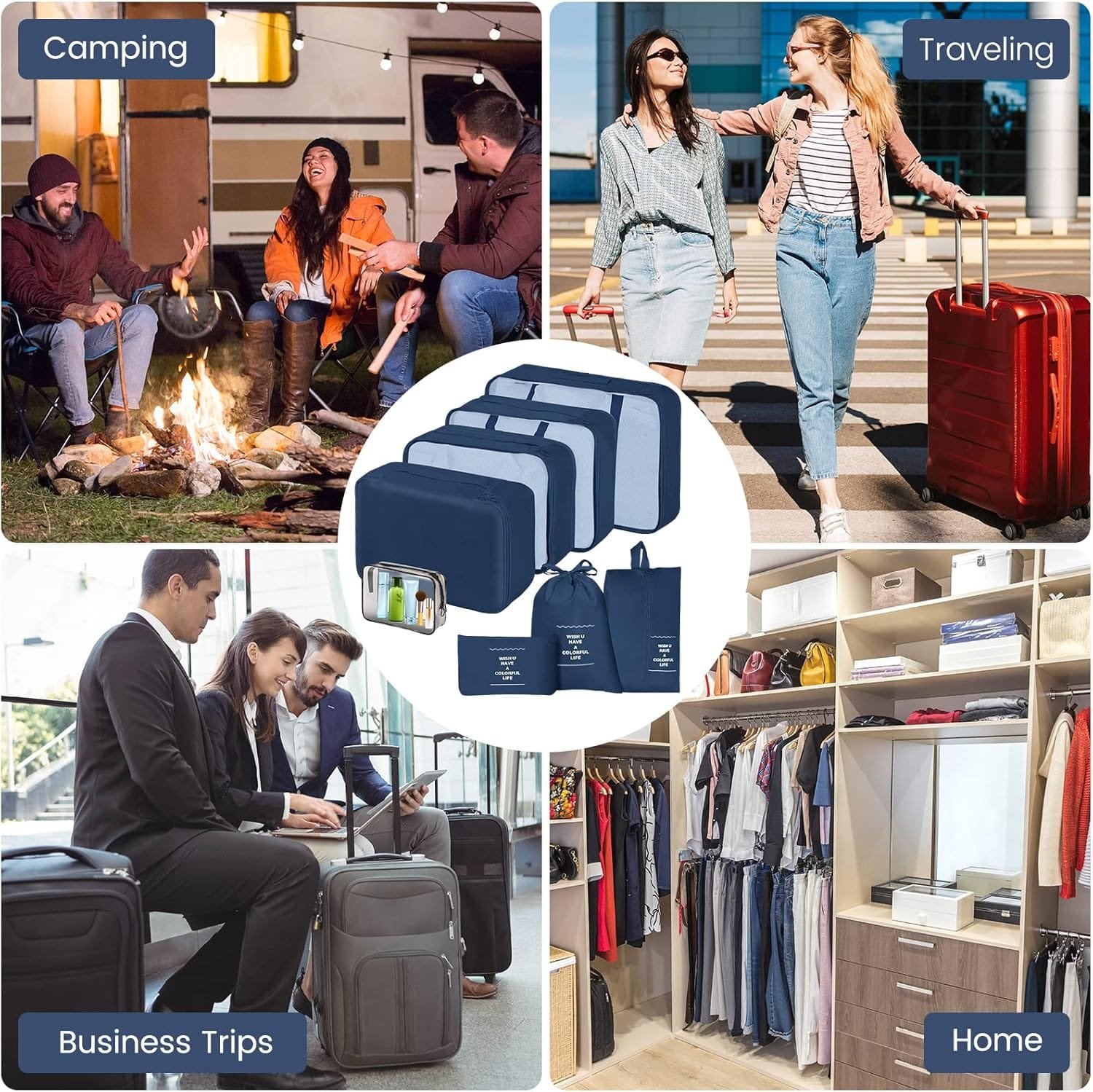 Sarsumir Organizador Maleta, 8 Piezas Organizador de Equipaje Packing Cubes Bolsas Organizadoras Viaje con Zapatos Impermeables Almacenamiento Artículos Tocador Bolsas Ropa, Azul Marino - Imagen 7