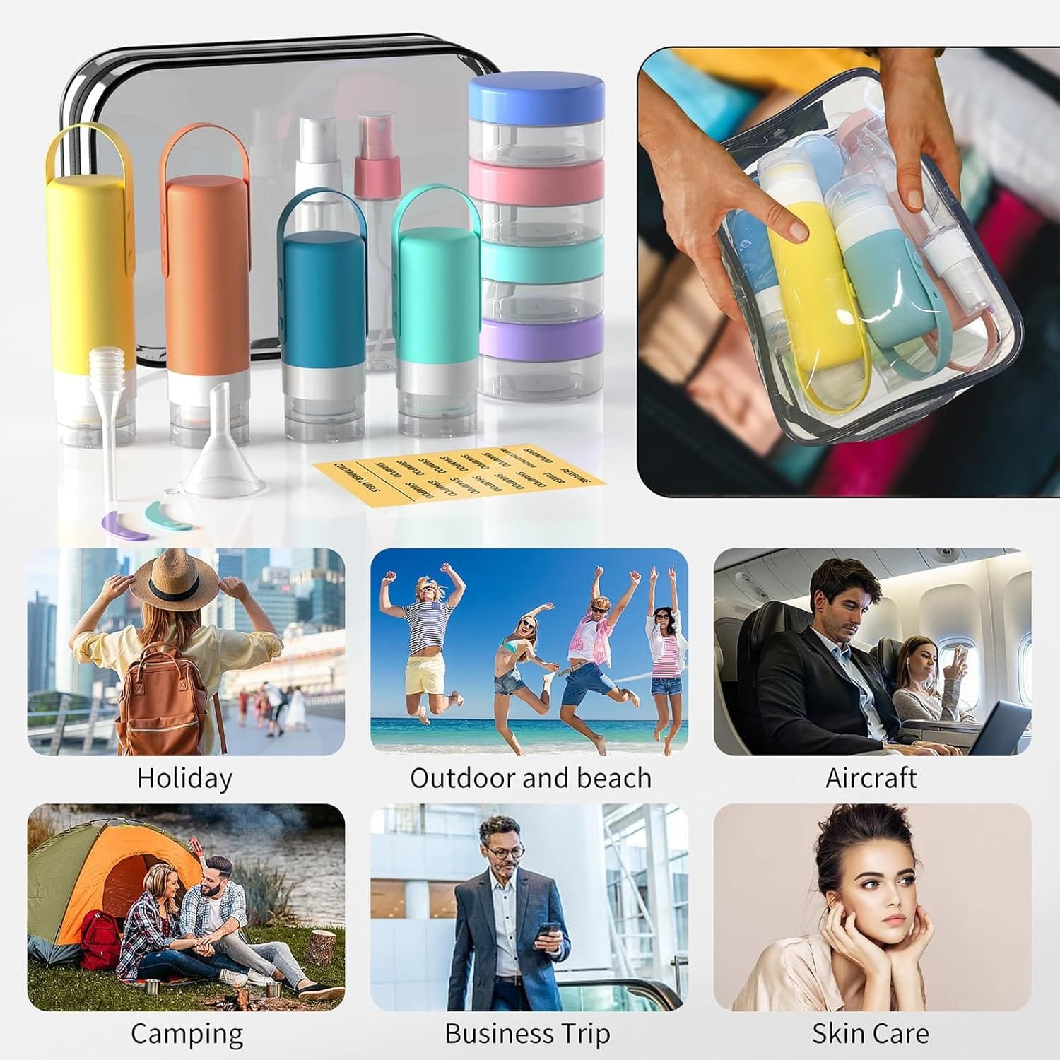 16 Pack Juego de Botellas de Viaje Silicona - Botes Rellenables para Viaje, Para Champús Lociones y Artículos de Tocador, a Prueba de Fugas - Imagen 5