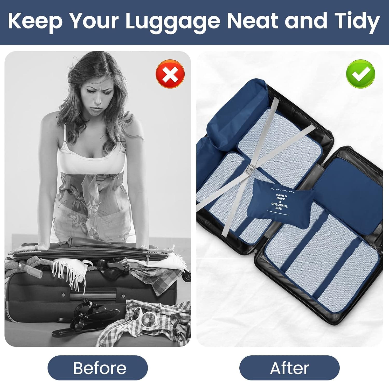 Sarsumir Organizador Maleta, 8 Piezas Organizador de Equipaje Packing Cubes Bolsas Organizadoras Viaje con Zapatos Impermeables Almacenamiento Artículos Tocador Bolsas Ropa, Azul Marino - Imagen 4