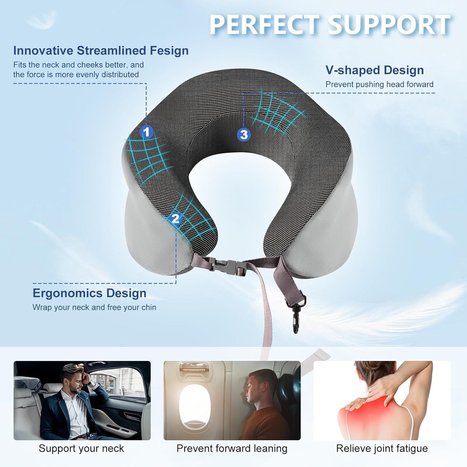 Blendura Almohada de Viaje, Almohada Cervical de Espuma Viscoelástica, Almohada de avión con Bolsa de Transporte Incluida, Adecuada para cojín de Cuello para avión, Coche, Oficina, Gris - Imagen 2
