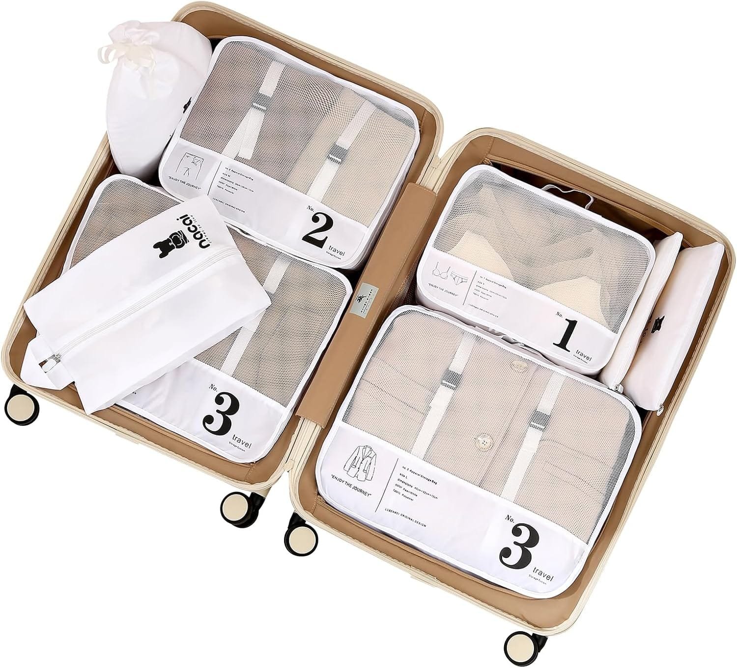 Lammcou Organizador Maleta, 8 en 1 Bolsas de equipaje De Viaje,Packing Cubes con bolsa para cosméticos, bolsa para zapatos, sistema de organización de artículos de viaje para vacaciones y viajes White