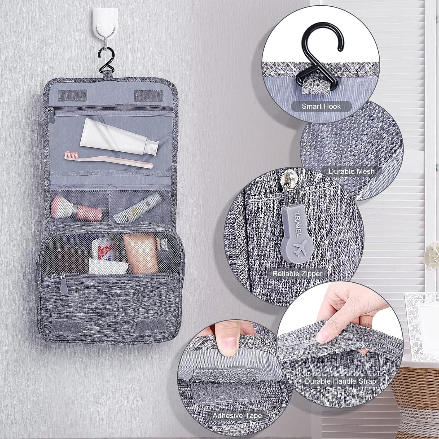 AiQInu Neceser Viaje,Impermeable de Gran Capacidad Neceser Maquillaje,Bolsa de Aseo con Gancho Colgante para Hombre y Mujer Accesorios de Viaje - Imagen 4