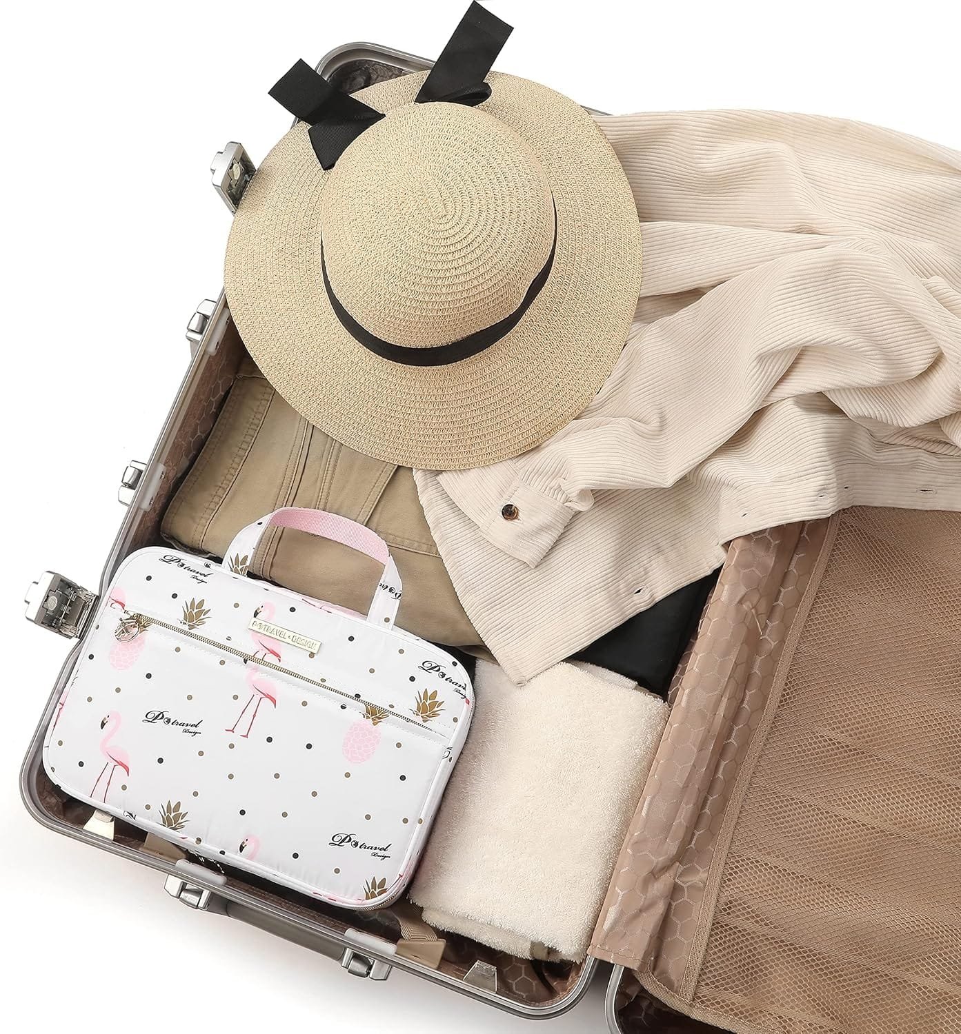 Dizdvizd Bolsas de Aseo para Mujeres, Grande Neceser de Viaje con Colgar Gancho, Impermeable Organizador de Cosméticos - Flamencos - Imagen 6