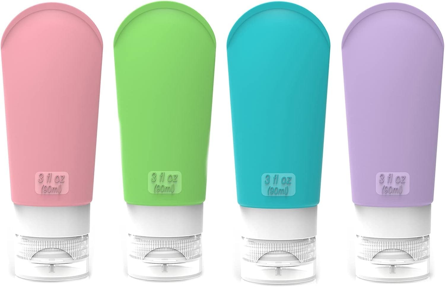 IraXpro Botellas de Viaje Silicona 4 Pack,90ml,BPA Free,Aprobado por la TSA Botes Viaje Rellenado Juego a Prueba de Fugas,Accesorios de Viaje para Champús,Acondicionador,Loción y Artículos de Tocador