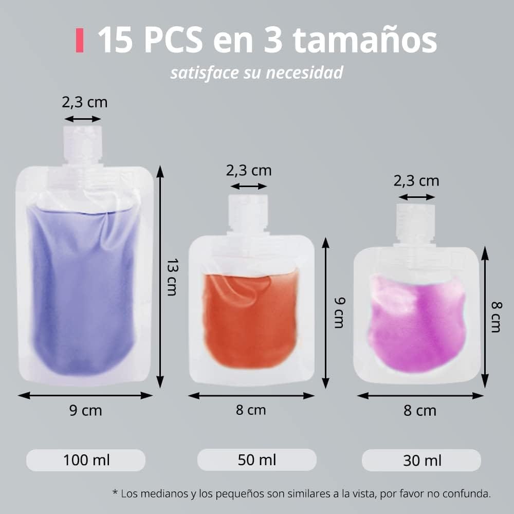 Mulaibdin 15 Piezas Botes Viaje Rellenables 30/50/100ml, Botellas de Viaje Avion, Botes para Gel y Champu, Travel Essentials, Botella a Prueba de Fugas, Kit Viaje Higiene para Artículos de Tocador - Imagen 6