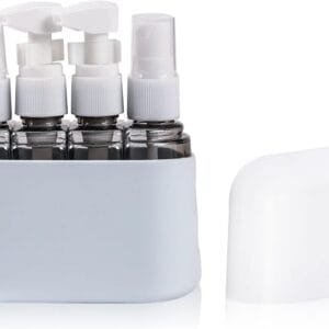 Botellas de viaje 4 en 1 para artículos de tocador, juego de botellas de viaje de 50 ml, botellas de spray con etiquetas y caja de almacenamiento para champú, acondicionador, cosméticos, gel de ducha