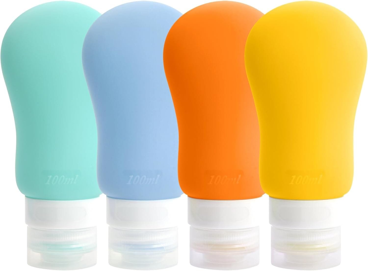 Qtuie Botellas de Viaje Silicona 4 Pack Botes Viaje Rellenables 100ml Botella Dispensadora Frascos de Viaje de Portátil Envases de Viaje Set para Avión Champu Liquidos Lociones y Artículos de Tocador