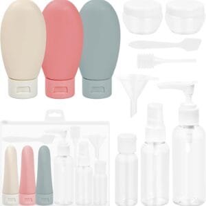 Dokeno 11 piezas Botellas de Viaje Silicona,Juego de Botes Viaje Rellenables,Juego de Botellas de Viaje Transparentes,Botellas de Plástico Viaje,para Champús Lociones y Artículos de Tocador