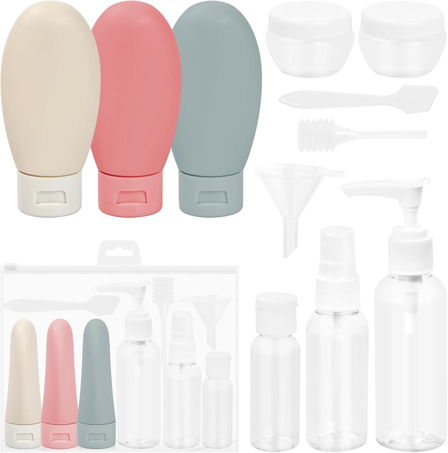 Dokeno 11 piezas Botellas de Viaje Silicona,Juego de Botes Viaje Rellenables,Juego de Botellas de Viaje Transparentes,Botellas de Plástico Viaje,para Champús Lociones y Artículos de Tocador