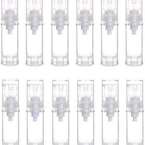 12 botellas de 10 g y 10 ml portátiles para bomba sin aire, botellas de loción al vacío, botellas de artículos de tocador de viaje, frascos para crema y base, champú, etc, Transparent
